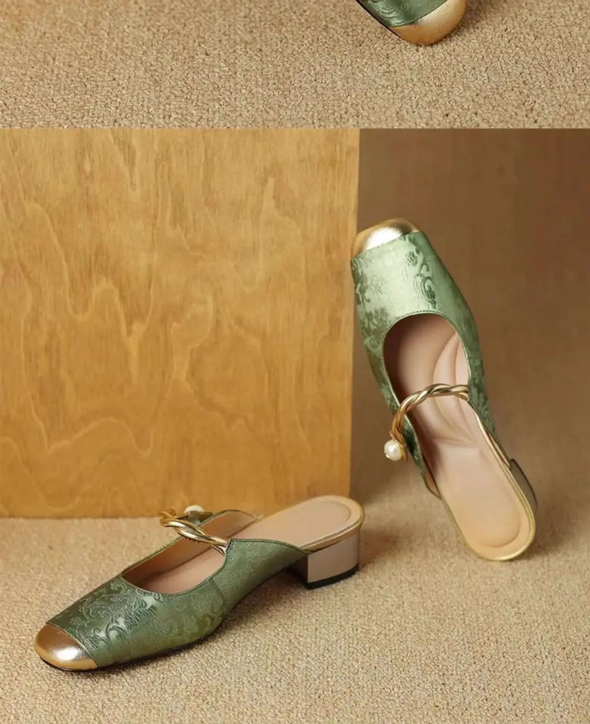 Роскошные атласные туфли на высоком каблуке с квадратным носком, женские модные дизайнерские босоножки, женские зеленые туфли-лодочки с открытой пяткой, женские туфли-лодочки Muller