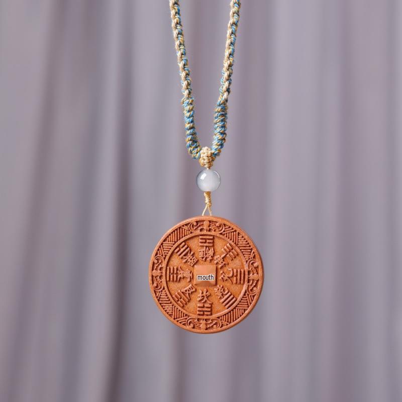 Jujube Wood Carved Mountain Ghost Necklace with Bagua Buckle and Seven Star Coin Pendant