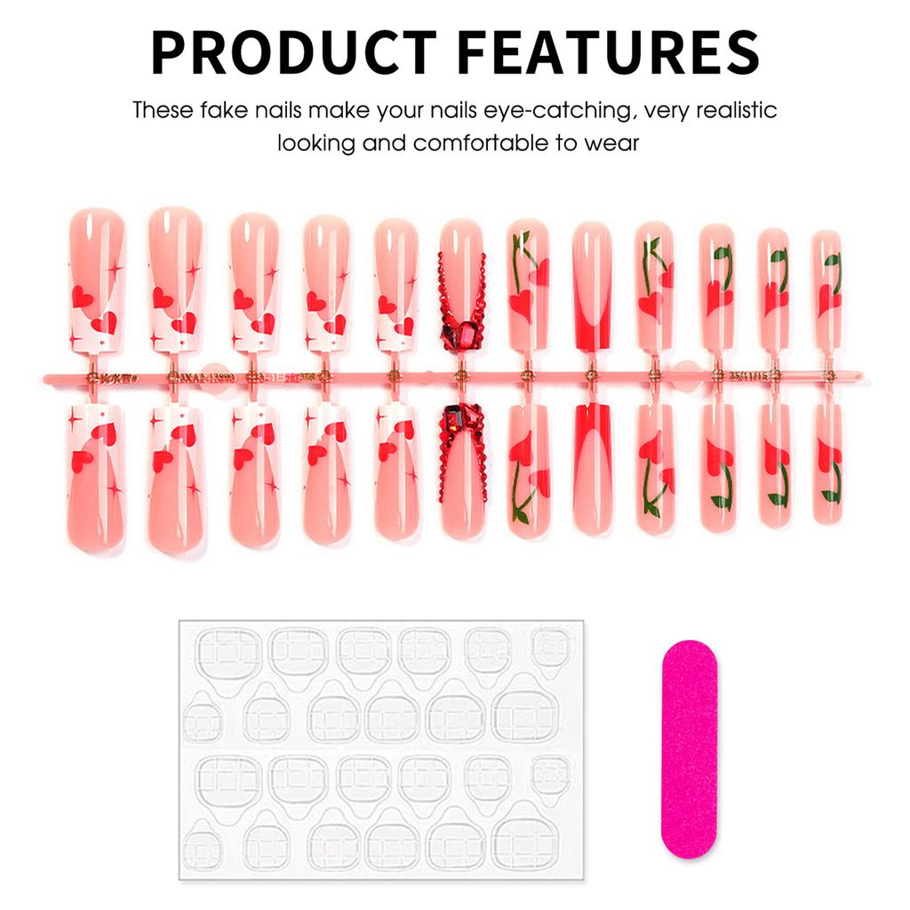 24Pcs French Fake Nails with Cherry Heart Design Fashionable Sweet And Cool Style Manicure for Woman