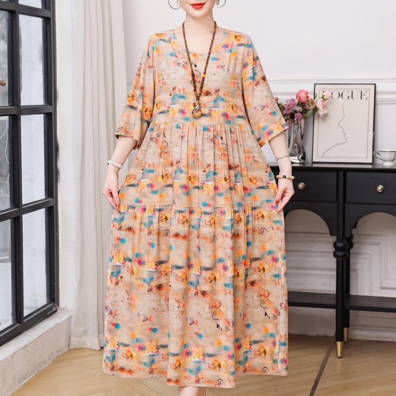 Большие размеры Повседневные женские платья Летняя винтажная одежда с короткими рукавами Элегантное длинное платье