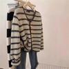 Vintage Striped Knitted Jacket Women's Autumn and Winter and Lazy Wind Horn Buckle V-neck Loose Short Sweater Cardigan