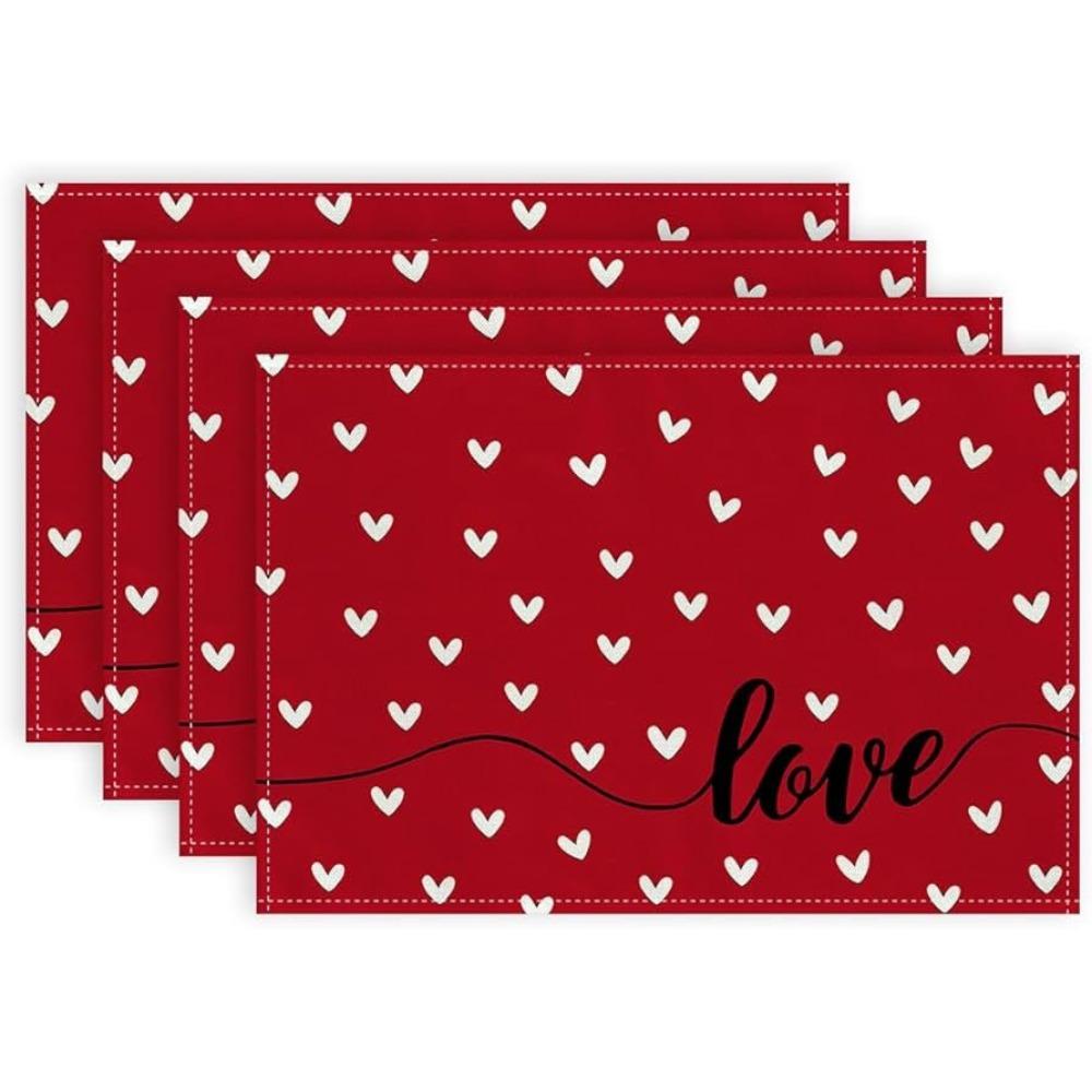 4Pcs 30x45cm Red Love Hearts Table Mats Linen Dining Table Mat Farmhouse Burlap Placemat  Kitchen