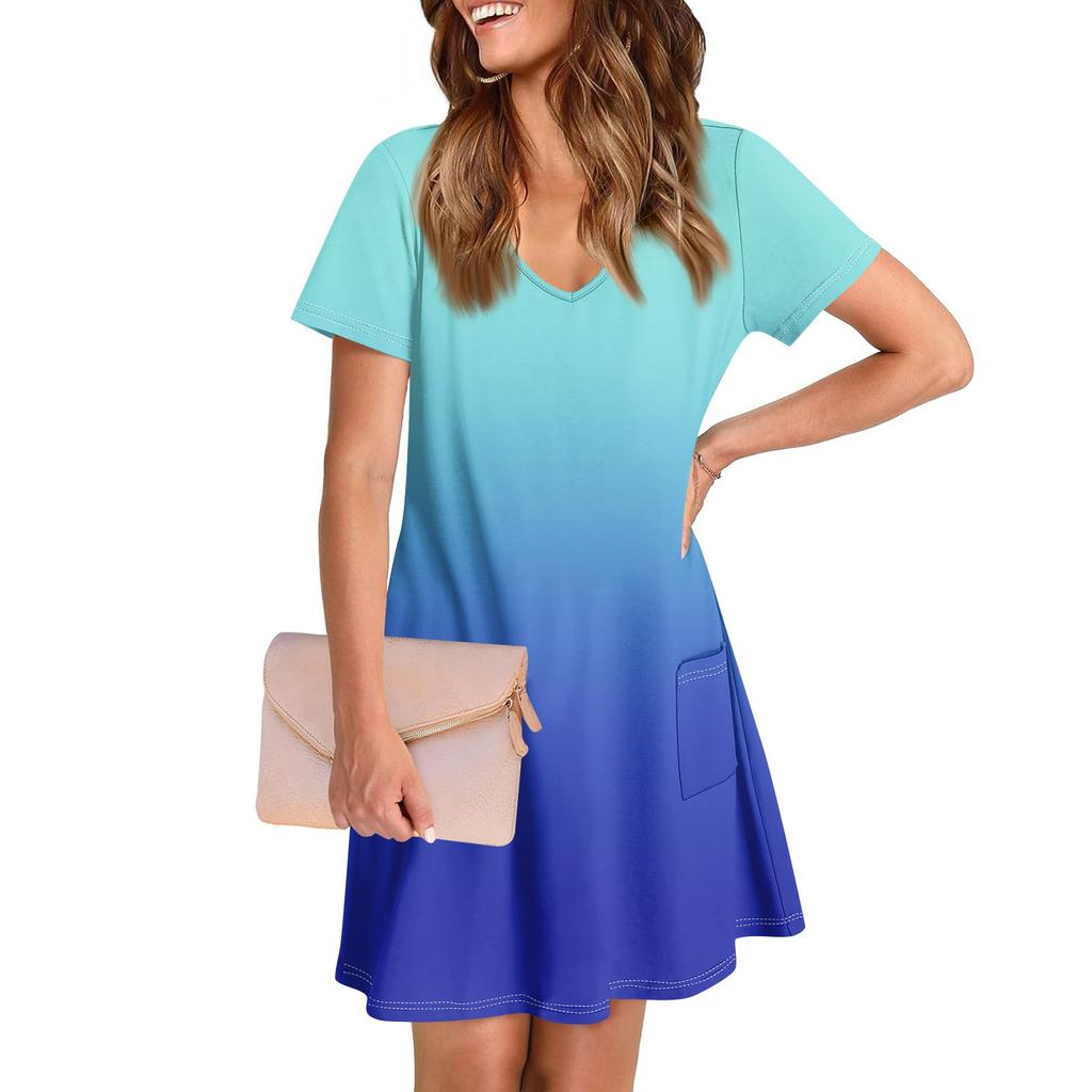 Ladies' Casual And Fashionable V-neck Short Sleeve Printing Mid Length Dress