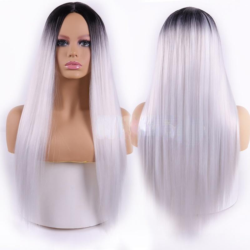 MISSQUEEN Женский длинный прямой косплей с черными корнями, омбре, блондинка, костюм, полный парик без челки для женщин