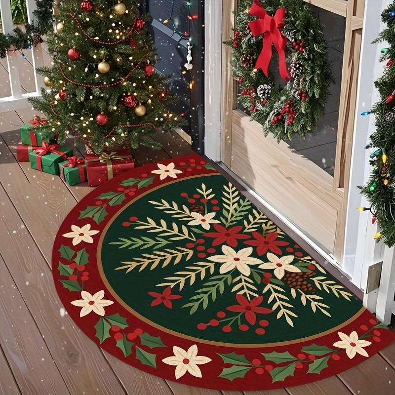 Half Round Doormat Christmas Bells Pattern NonSlip Felt Rug Red Bowknot Entrance Floor Mat Indoor Outdoor Holiday Welcome Carpet