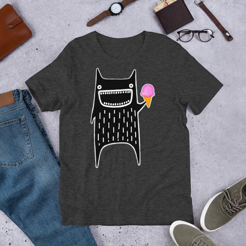 STRAIGHT CUT T-SHIRT Ice Cream Monster Shirt Folk Art Print Cat Quirky Whimsical Creepy Cute Birthday Gift Housewarming Gifts Funny Shirts