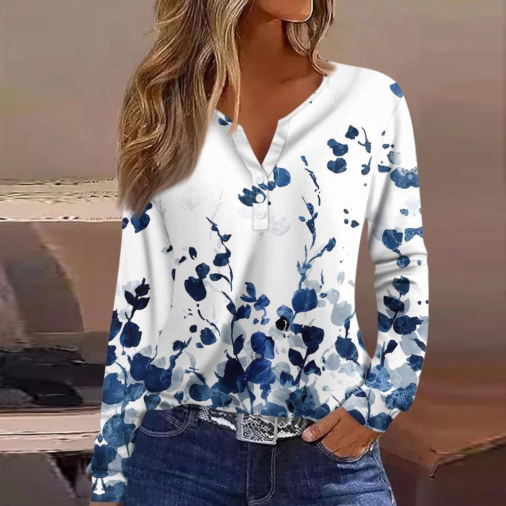 Women's T Shirt Tee Button Long Sleeve Daily Weekend Fashion Basic V- Neck Regular Top