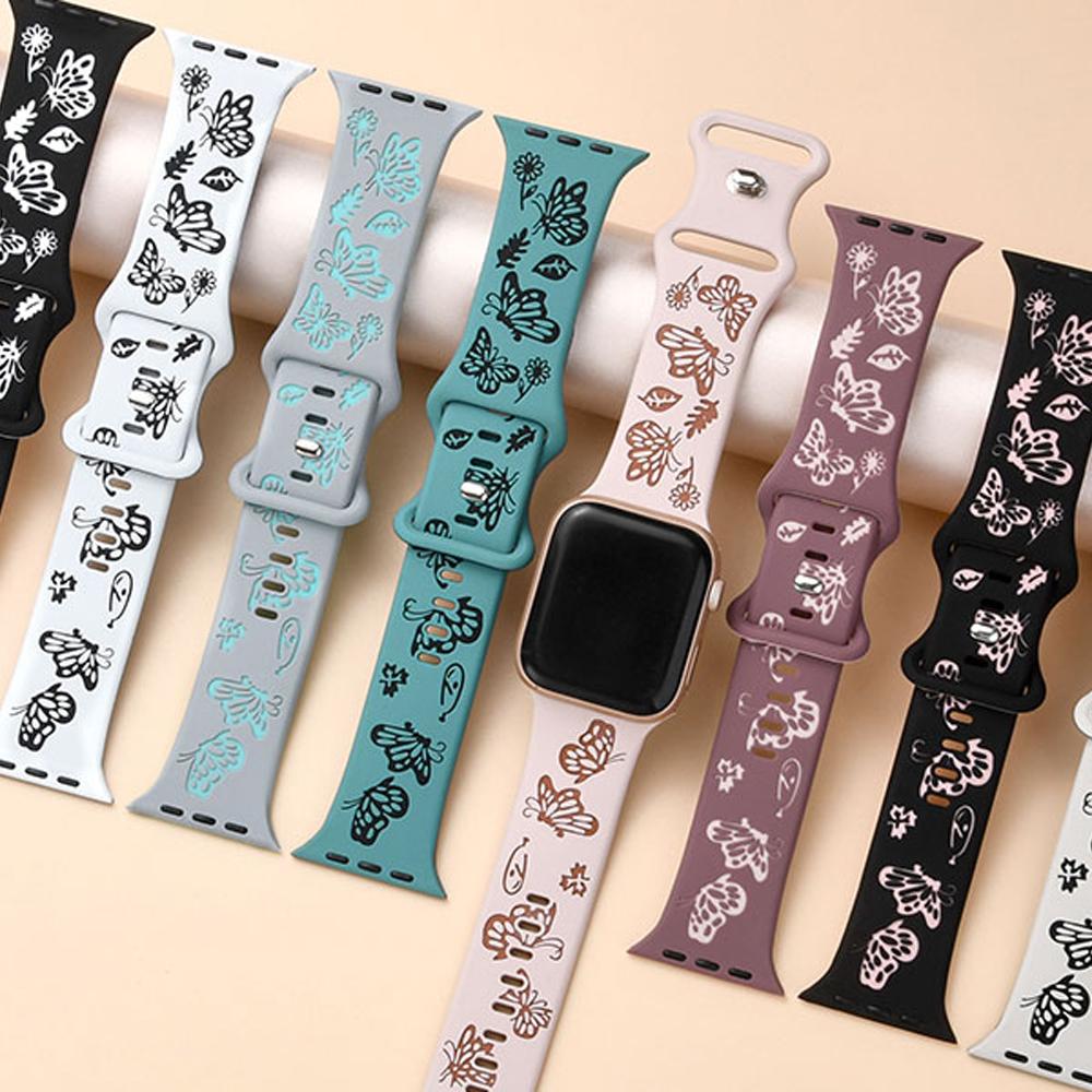 Гравированный ремешок для Apple Watch Band 45мм 44мм 42мм 41мм 40мм 49мм 46мм Силиконовый Correa Браслет Серия 10 8 9 7 SE 6 5 4 Ultra 2