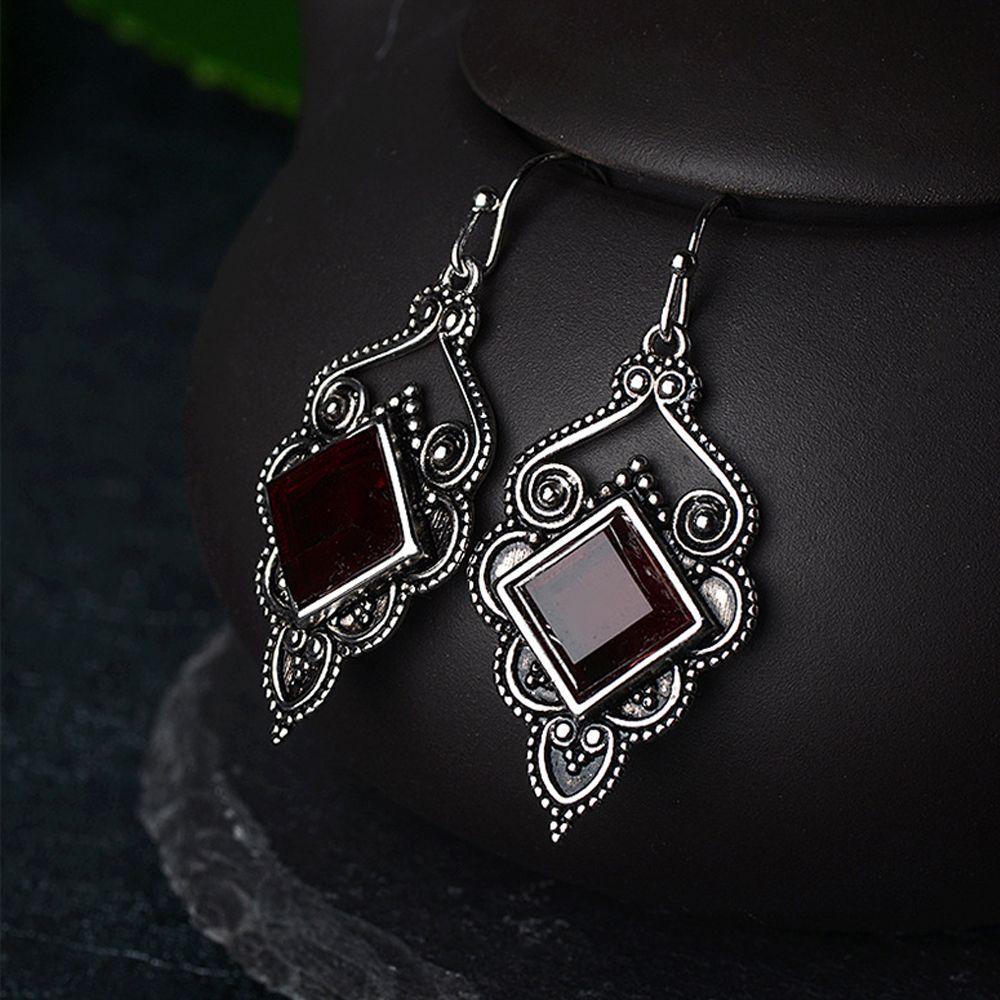 Vintage Hook Chic Engagement Wedding Jewelry Red Agate Earrings Ruby Ear Stud Dangle Gemstone
