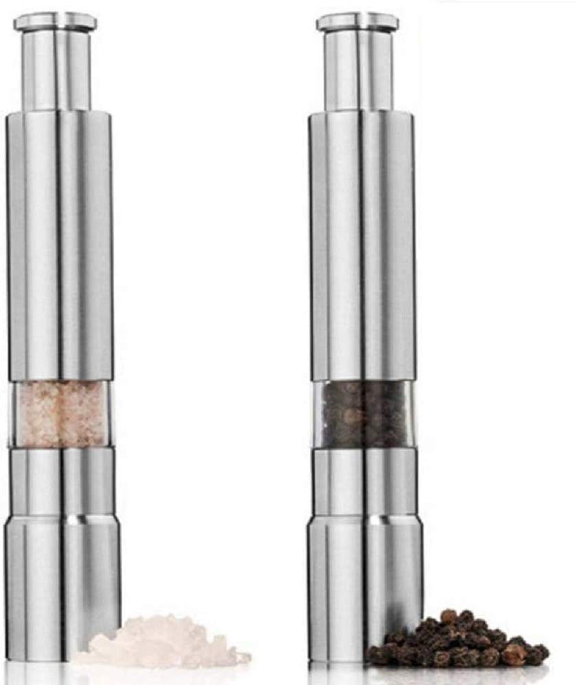 Morningplace Stainless Steel Pepper Mill, One-Push Operation, Salt and Pepper Spice Mill (Set of 2)