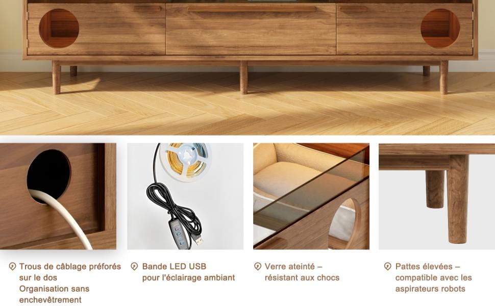 Modern TV Cabinet with LED Lighting, Cat Resting Space, Glass Doors & 1 Drawer (Cat Cushion Not Included), Walnut Color, 180x40x50 cm