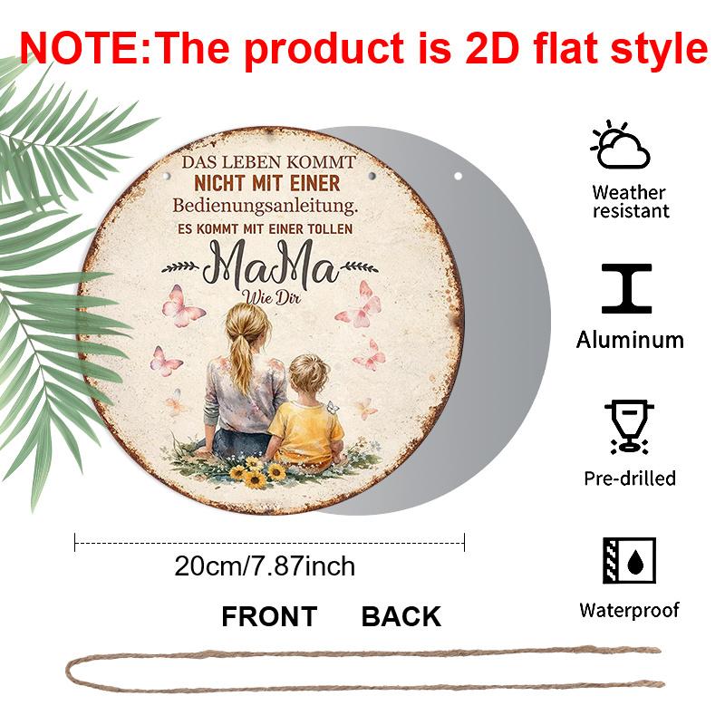 2D Flat, 1pc Round Aluminum Hanging Sign - German "Mama" Quote Watercolor Mom & Child Vintage Metal Wall Art, Butterfly Sunflower Design, Perfect for