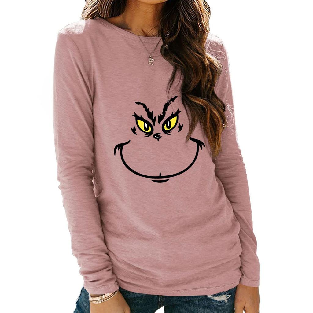 Women's Shirts Christmas Print Long Sleeve Round Neck Basic Loose Pullover Tee Top