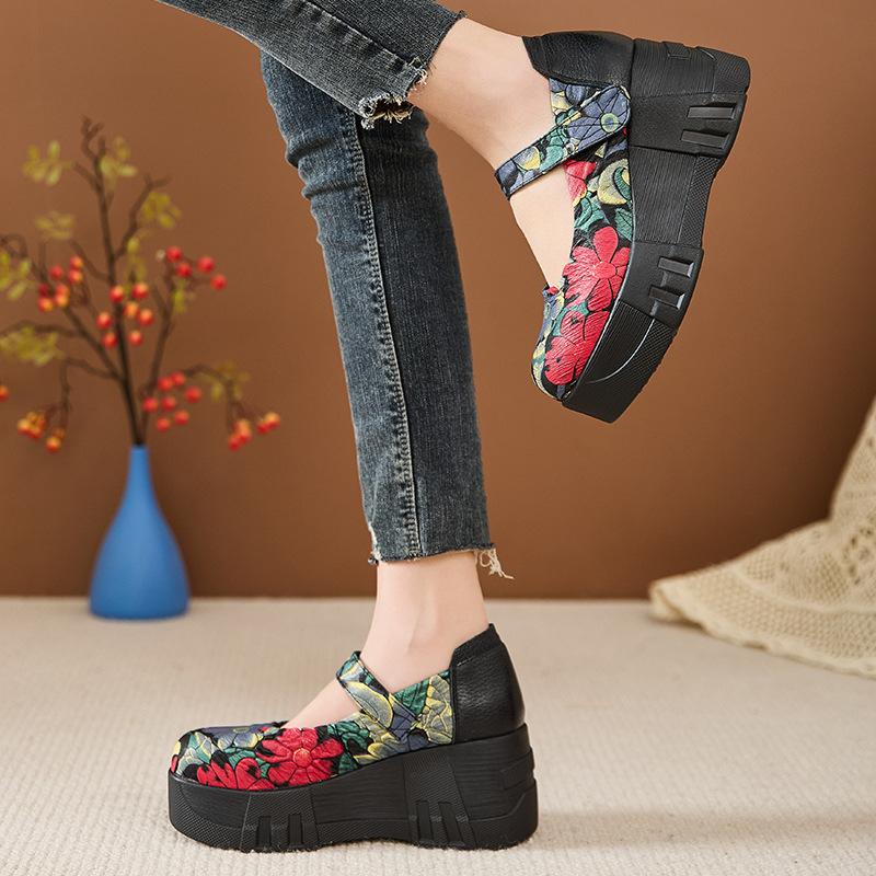High Quality 7CM Genuine Leather Pigskin Moccasins Ladies Summer Women Thick Soled Flats Platform Wedge Sandals Round Toe Shoes