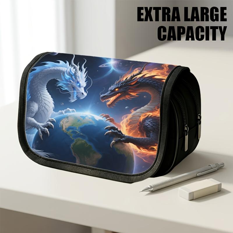 1pc Double Layer Flip Pencil Case, Cosmic Dragon Duel, Large Capacity, Portable Polyester Pen Storage Bag with Zipper Closure, Ideal for School & Offi