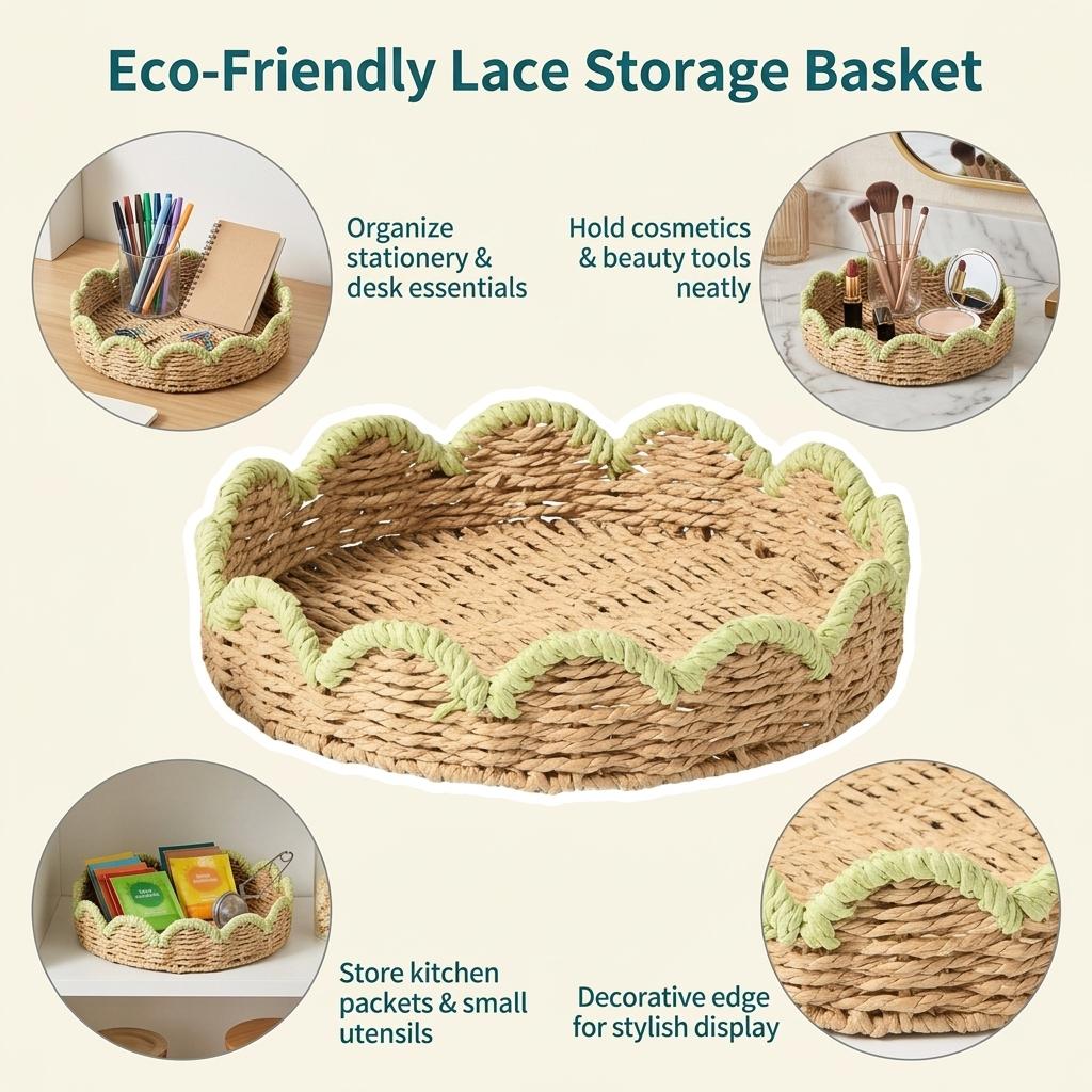 Green Paper Rope Storage Basket With Lace Design For Desk Organization
