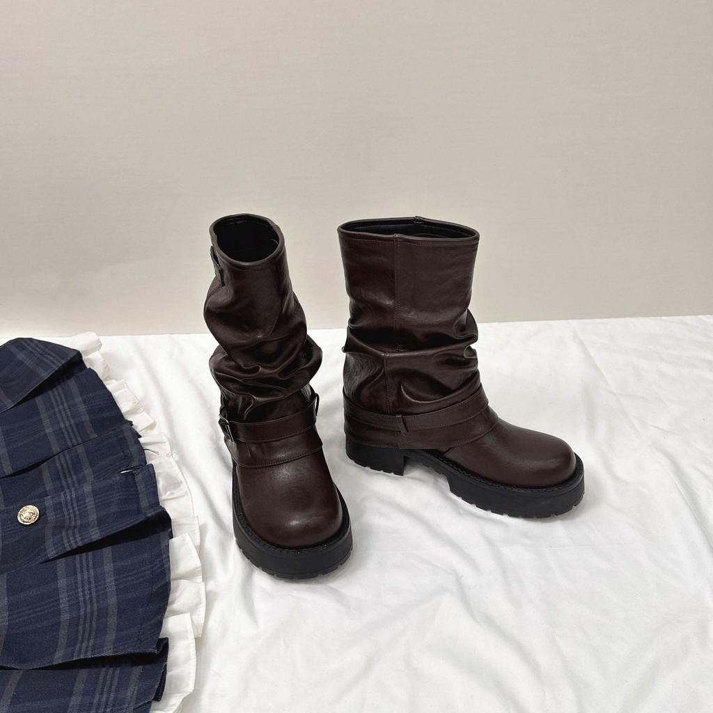 Leather Version~ 8CM Inner Height Increase Western Cowboy Pile Short Boots Women's Autumn and Winter Retro Thick Heel Pleated Trousers Knight Boots