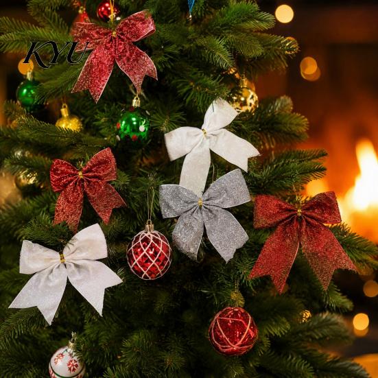 Christmas Tree Bow Decorations Glitter Bow, Gold Sparkling Ribbon Hanging Ornament for Powder Ties Gifts Wreath Gift Box, Festive Wedding Party Decor