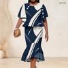 Women Plus Size Printed Two Piece Set Round Neck Batwing Sleeve Ruffle Hem Top Fishtail Skirt
