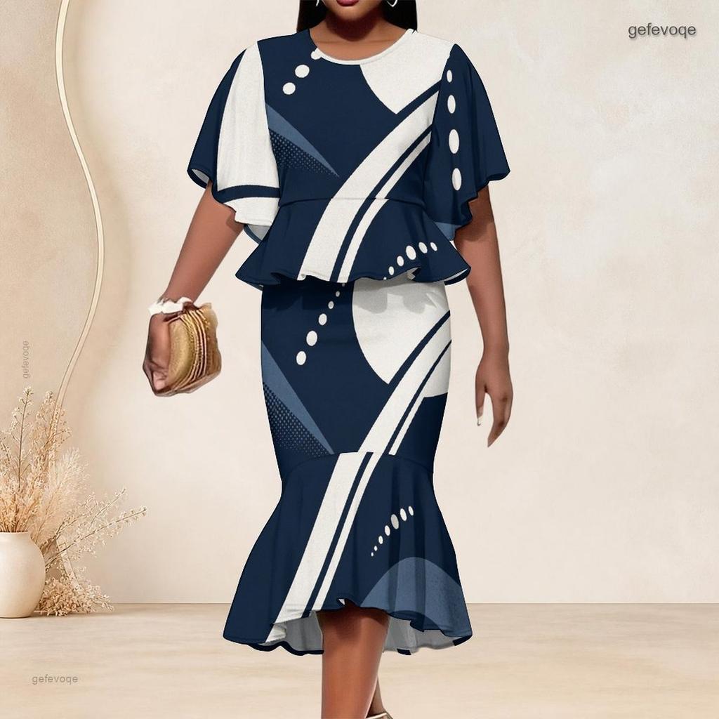 Women Plus Size Printed Two Piece Set Round Neck Batwing Sleeve Ruffle Hem Top Fishtail Skirt