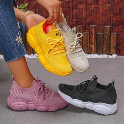 Модные повседневные кроссовки Осень Новые Круглый носок Трикотажная сетка Колорблок Шнуровка спереди Мягкая подошва Нескользящие Износостойкие Платформа Одинарные