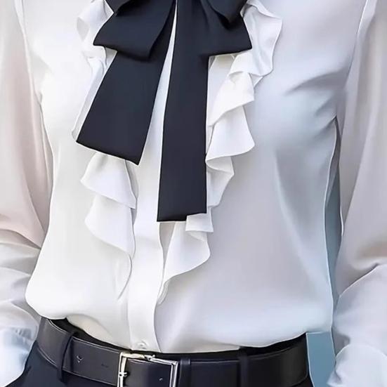 Осенняя женская рубашка с лацканами, бантом и оборками, с длинным рукавом, топы, застежка на пуговицы, универсальная посадка, рубашка для повседневной носки