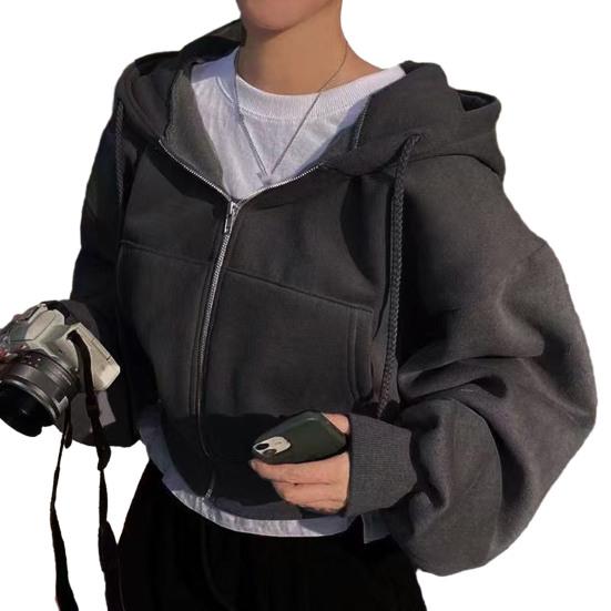 Women's Cropped Zip Up Hoodie Drawstring Long Sleeve Crop Sweatshirt Fall Casual Hooded Jacket with Pockets