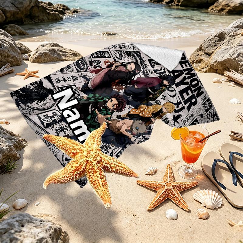 Custom Name Personalized Demon Slayer Print Beach Towel, for Trip Camping Beach Party Home Decor, Birthday Gift for Family & Friends