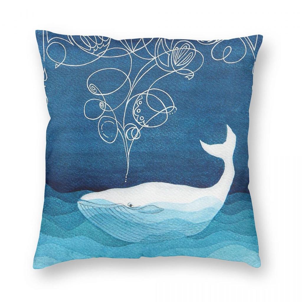 Happy Whale Animals Teal Blue Pillowcase Polyester Linen Velvet Pattern Zip Decorative Pillow Case Bed Cushion Cover