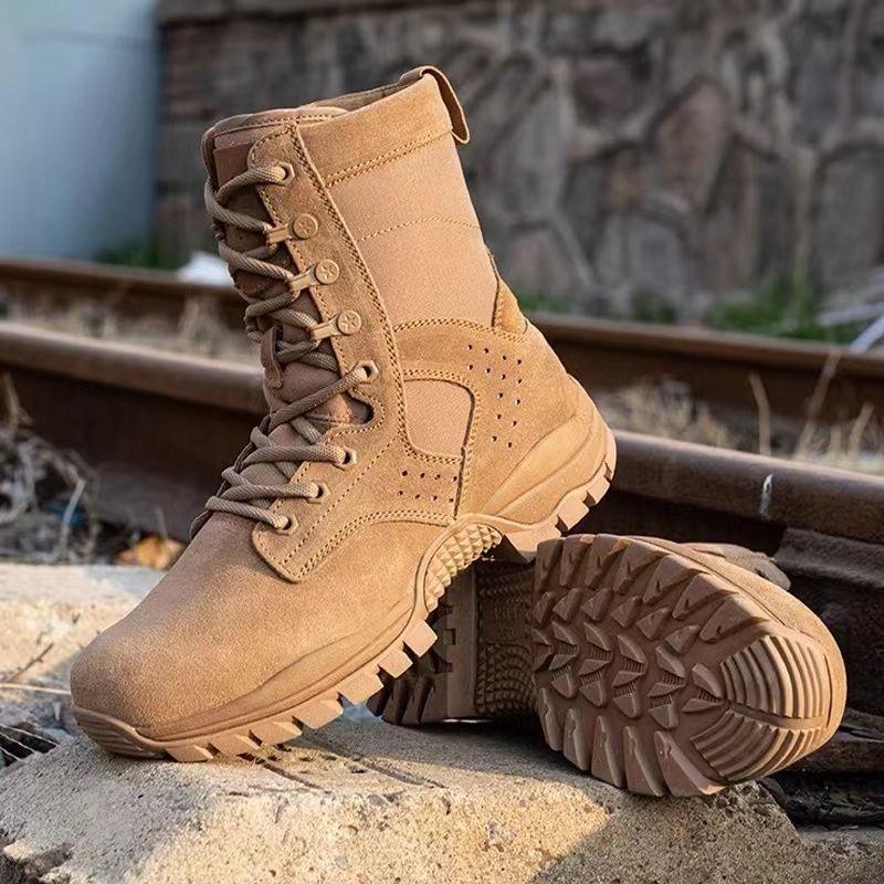 Men's Cowhide Waterproof Boots Summer Outdoor Hiking Climbing Shoes Wear-resistant Non-slip Boot Fashion Side Zip Lace-up Shoe