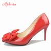 Aphixta  Bling Crystals Bow Flowers Pointed Toe Red High Heels Women Patent Leather Butterfly-knot Pumps Big Size 45 46 47 48