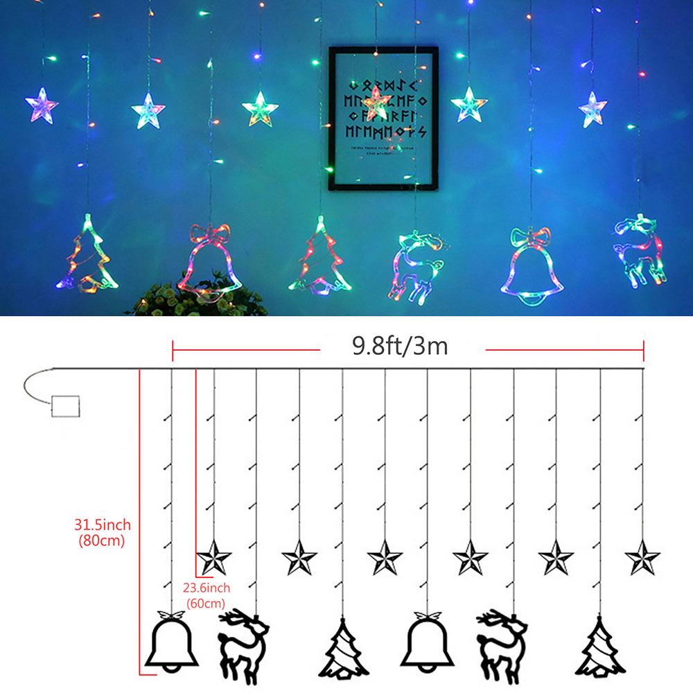 Рождественские занавески на окнах, гирлянды, колокольчики, деревья, олени, звезды, фонари, батарейки