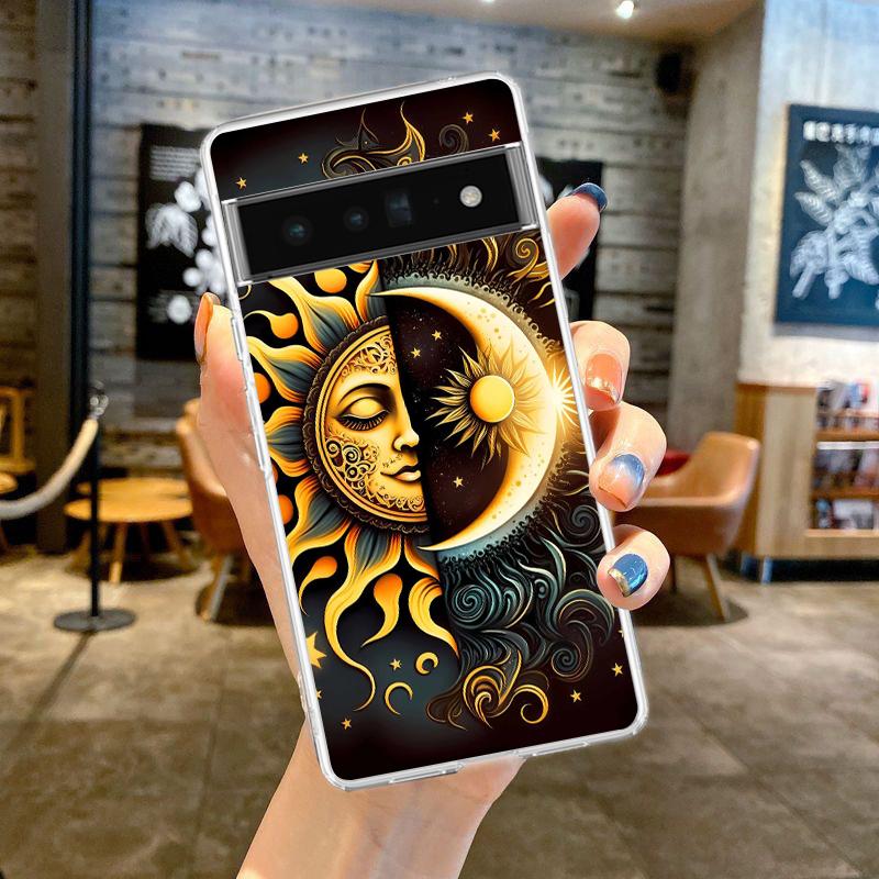 Чехол-бампер для Google Pixel 9 8 7 6 5 4 4XL 7A 6A 5A 4A 3A Pro XL 5G Прозрачный Мягкий ТПУ Корпус Узор Солнце Луна Звезды Сумка