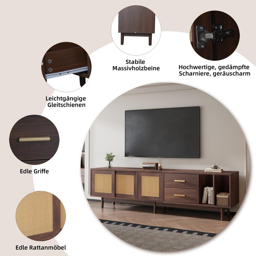 TV Ständer, Lowboard TV Board Schublade, Offene Staufächer, TV-Schrank Landhausstil Sideboard, Fernsehschrank Wohnzimmer Esszimmer, 190cm, Braun