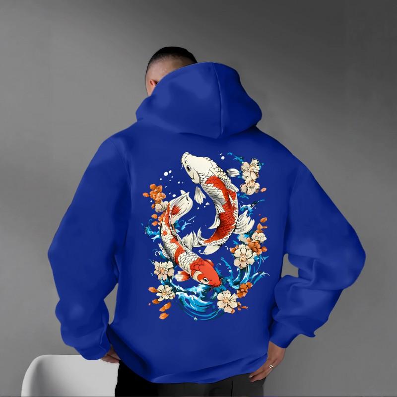 Unisex Oversized Hooded Sweatshirt With Japanese Ukiyo-e Cherry Blossom Koi Fish Print Soft Fleece-Lined Casual Top