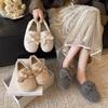 Fairy Wind Bow Flat Bottom Fluffy Shoes Female 2025 Autumn and Winter New Female Single Shoes One Pedal Warm Velvet Cotton Shoes