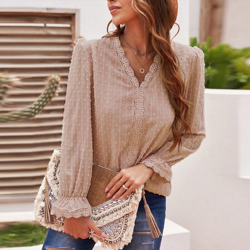 2023 Простая кружевная шифоновая блузка с v-образным вырезом и длинным рукавом, женская весна-осень, свободные топы с вышивкой, повседневная элегантная женская рубашка 29086
