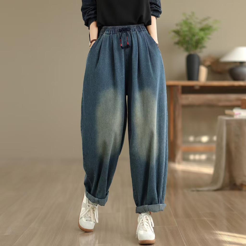 Dimanaf 2025 Summer Women Jeans Solid Harem Pants High Waist Elastic Basic Loose Harem Pants