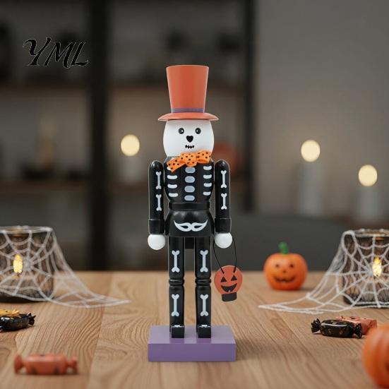 Pumpkin Basket Table Centerpiece Halloween Nutcracker Wooden Figurine, Hand-Painted Skeleton Soldier Ornament, Retro Spooky Desk Decor Style