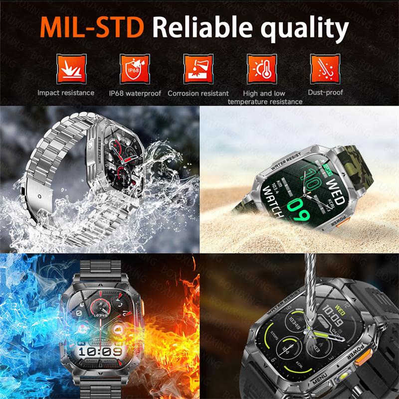 Rugged Outdoor Smart Watch 1400mAh 2.01" HD Screen Bluetooth Call GPS IP68 Waterproof Flashlight SOS Fitness Watch for Men