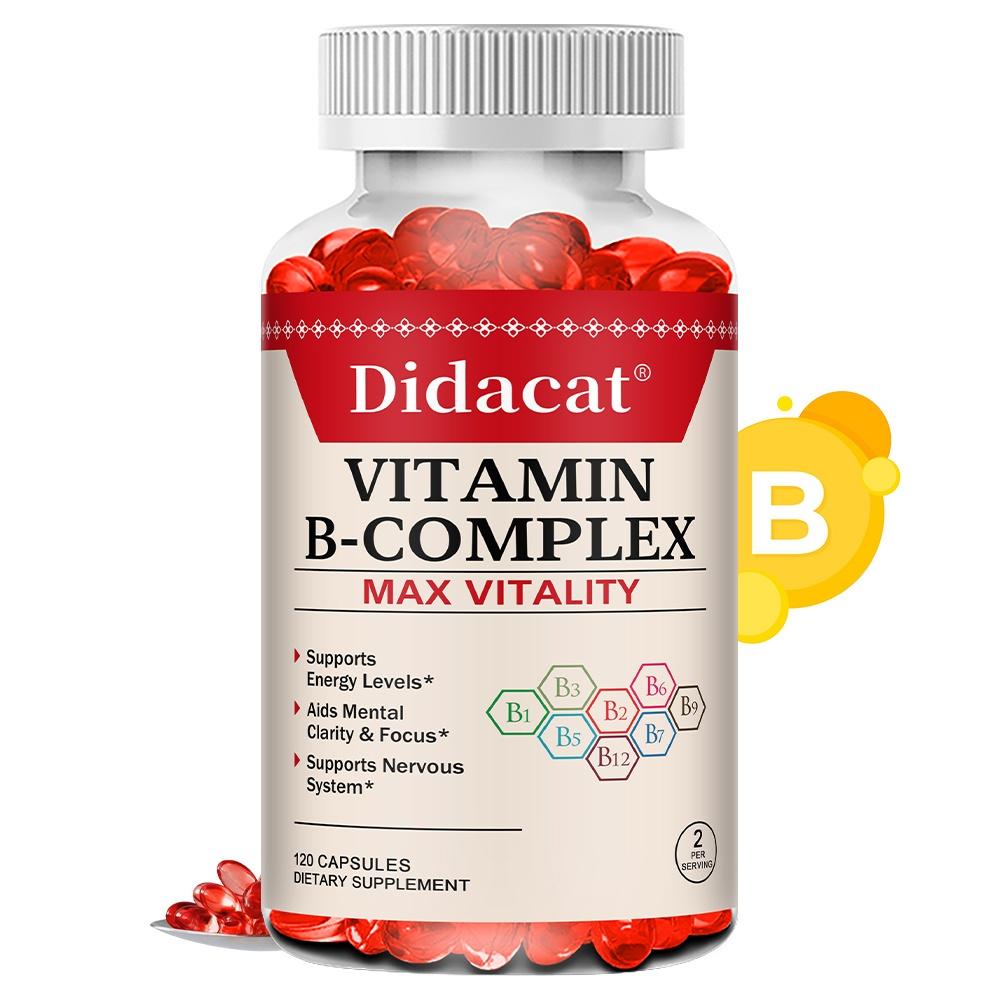 Didacat Капсулы Витамин B-Комплекс Max Vitality, Полный спектр B1 B2 B3 B6 B12 Биотин и Фолат, 120 Капсул Биологически активная добавка