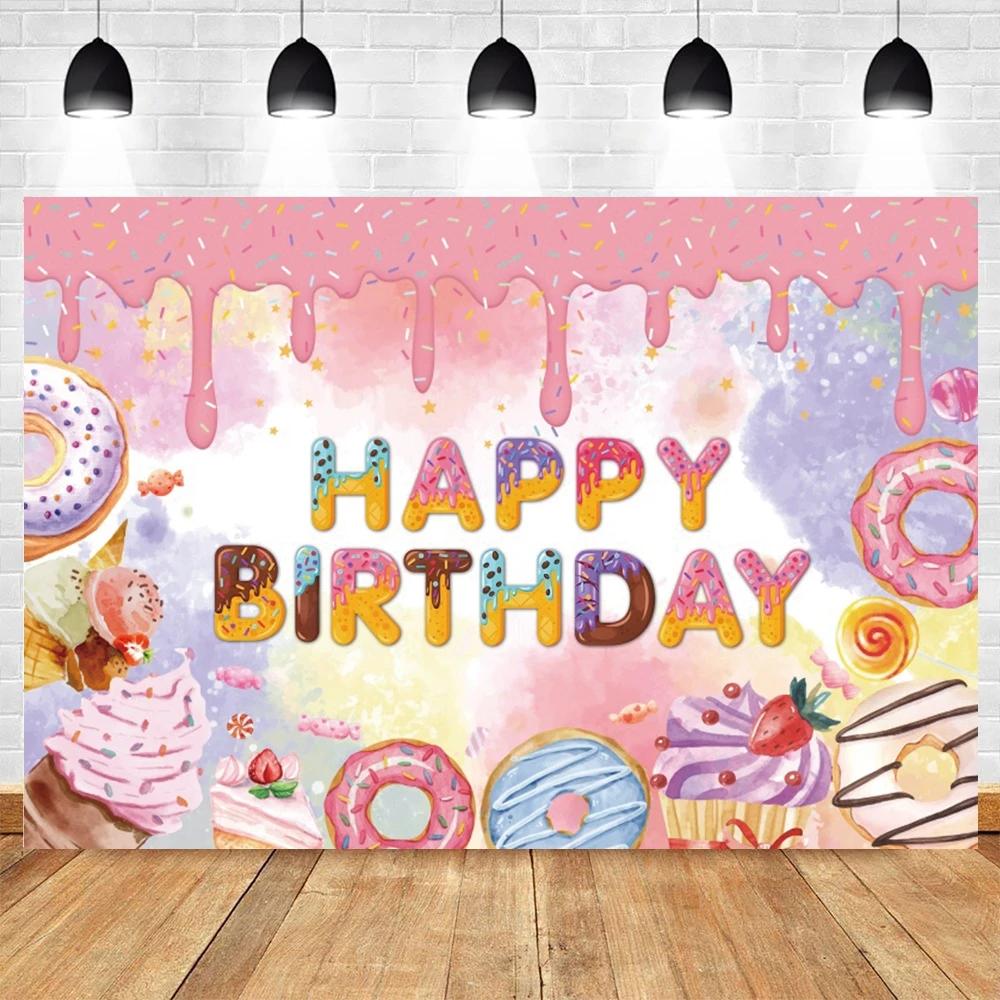 Newborn Baby First Birthday Backdrop Ice Cream Donuts Paper Cupcake Lollipop Sweet Cake Smash Baby Shower Party Photo Background