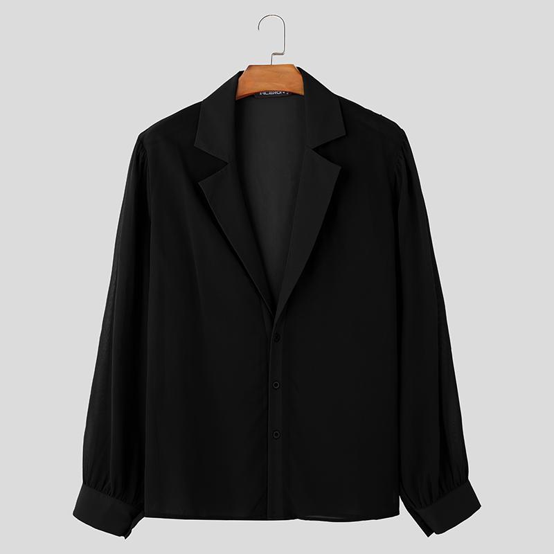 INCERUN Мужские рубашки с длинным рукавом и лацканами на пуговицах из сетки