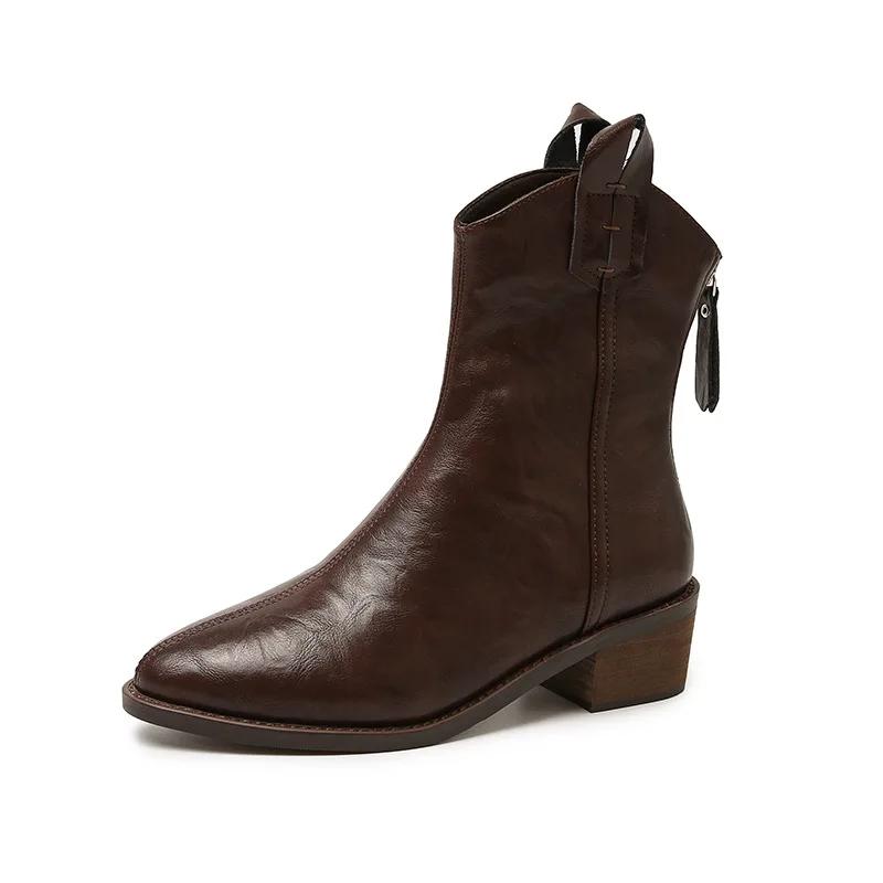 Pointy Little Ankle Boots Women Autumn Winter French Riding V Mouth Soft Leather Brown Thick Heel Western Cowboy Boots