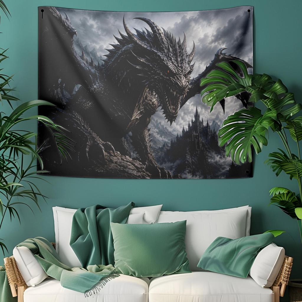 Black Dragon Tapestry Dark Fantasy Wall Art Gothic Dragon Decor Medieval Dragon Wall Hanging Epic Fantasy Decor