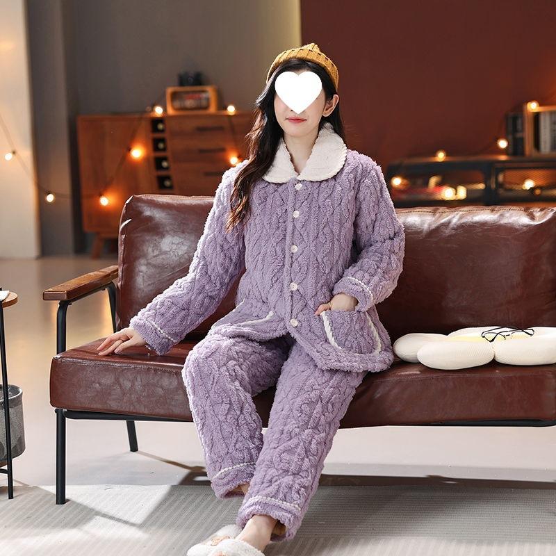 Пижама женская трехслойная утолщенная и милая зимняя можно носить больших размеров теплая стеганая домашняя одежда