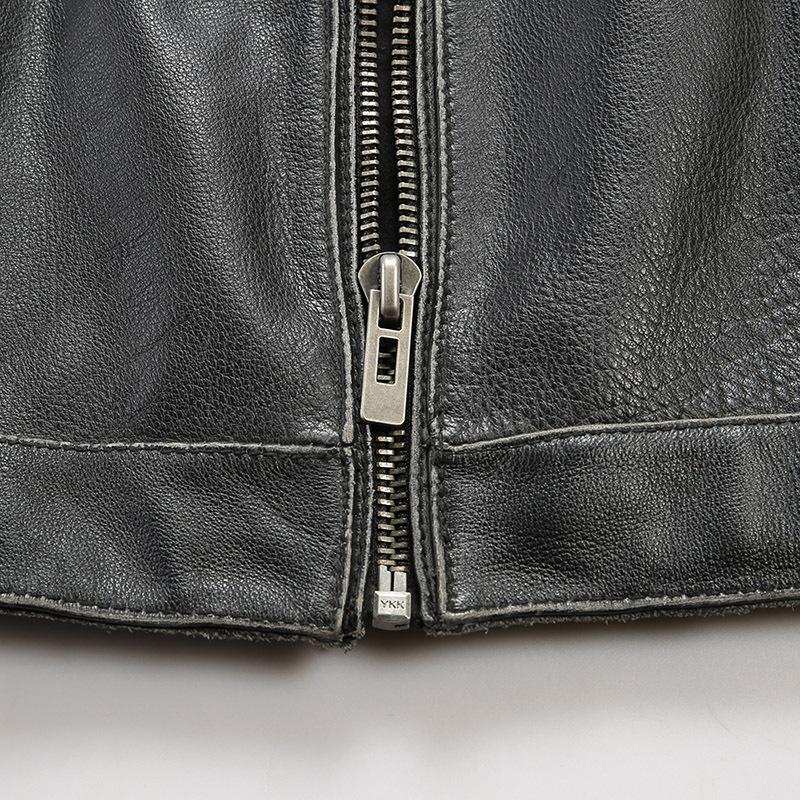 Stand-up collar leather jacket men's simple casual thickened stone-ground calfskin jacket