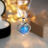 Female Crystal Blue Opal Stone Pendant Love Heart Necklace Vintage Big Round Silver Color Wedding Jewelry For Women
