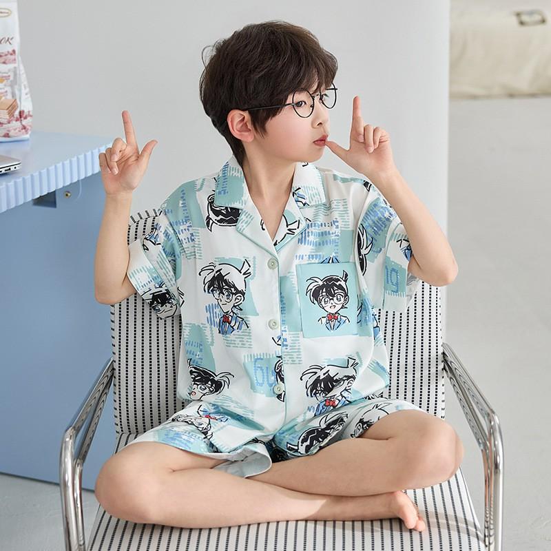 Boys Ice Silk Pajama Set Short Sleeve Shorts Cardigan Cartoon Print Kids Home Wear Ages 8