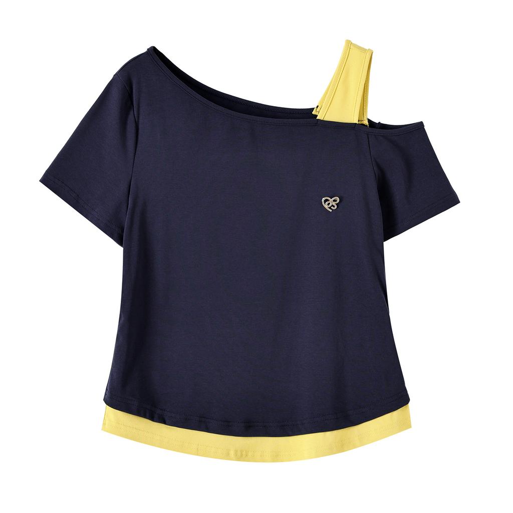 Large size women's clothing contrasting color fake two-piece slanted shoulder top 2026 summer pure desire wind hot girl short-sleeved T-shirt 244770